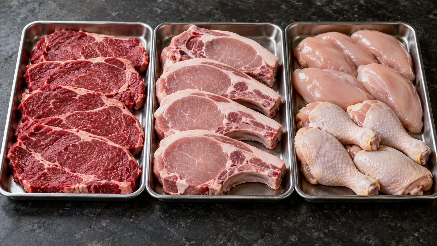 Selección de carne de res, cerdo y pollo